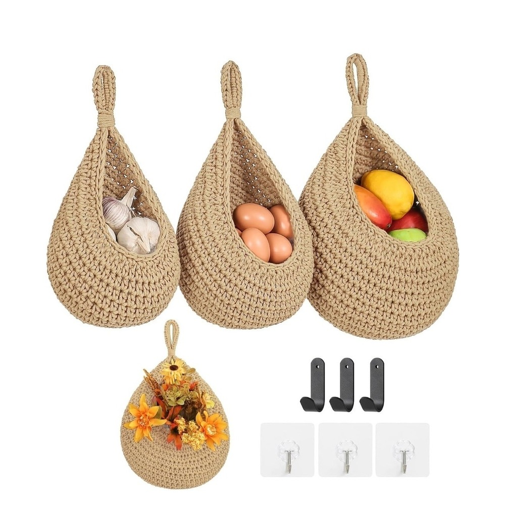 Set of 3 Hanging Woven Baskets Fruit Storage Boho Kitchen Wall Organizer Hooks